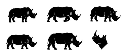 Rhino Silhouette Collection, Wildlife Animal Vector Icons, African Safari Mammal Graphics, Powerful Creature Illustrations © MdFarhan