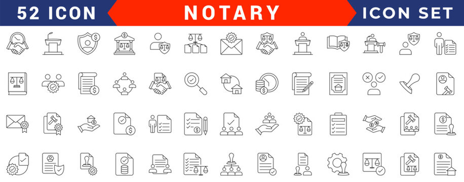 Notary icon set. Includes affidavit,acknowledgement, authentication, attestation,seal, certificate, jurat and more. Vectorillustration with editable strokes