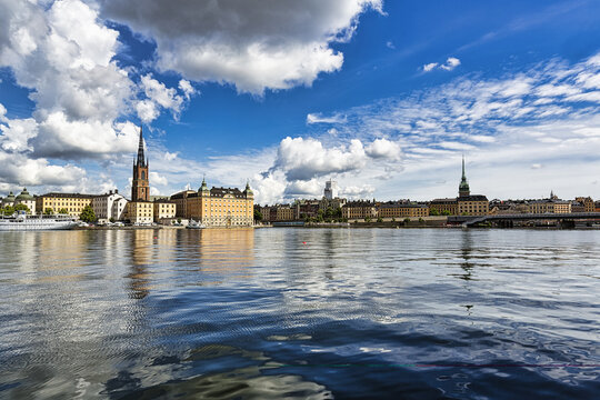 View over Riddarfj&auml;rden to the skyline of the old town Gamla Stan, Stockholm, M&auml;laren, Sweden