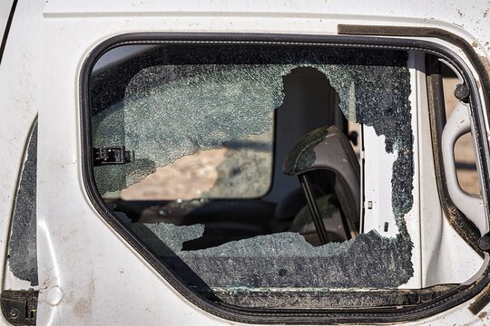 Car, shattered window, side window, total loss after flood, flood damage after flood disaster in Almeria, severe weather 2012, Andalusia, Spain