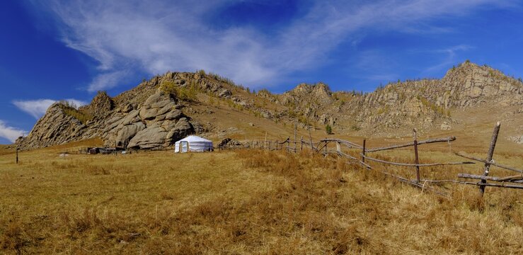 Yurt under rocks in Gorchi Terelj National Park, Ulan Bator, Mongolia