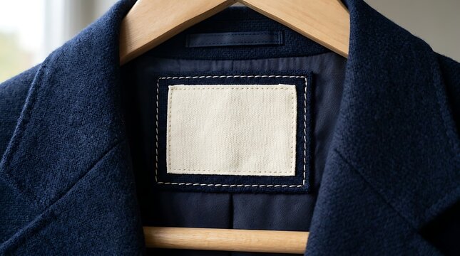 Closeup view of a navy blue coat hanging on a wooden hanger indoors