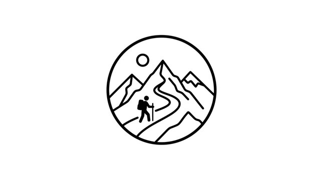 Minimalist line art illustration of a hiker trekking through mountain peaks inside a circular frame.