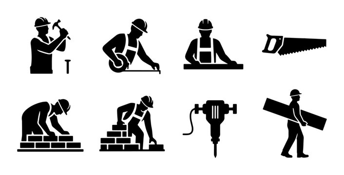 Construction Worker Icons Set, Building Industry Professionals, Tools and Equipment Vector Graphics, Manual Laborer Silhouettes for Renovation and DIY Projects