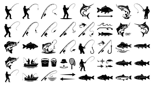 Fishing Icons Silhouette Collection: Anglers, Rods, Reels, and Fish