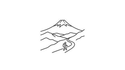Minimalist line art illustration of a lone hiker walking toward a snow capped mountain peak. © Jau
