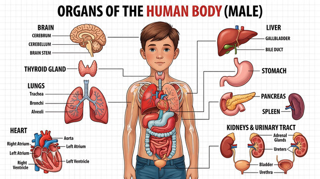 A male human body with internal organs exposed for educational purposes in a medical setting from a front viewpoint