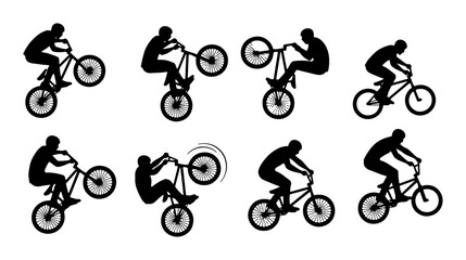 Fototapeta premium BMX Bicycle Stunt Silhouettes, Extreme Sports Action Poses, Dynamic Cycling Tricks, Vector Graphic Set