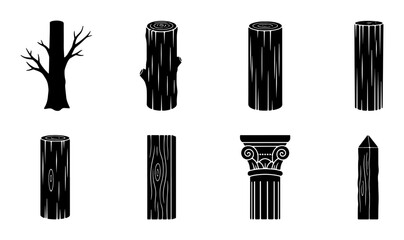 Wood Log Vector Icons Set, Timber Stump and Tree Trunk Silhouettes, Rustic Forest Elements, Natural Material Graphics © Ayesha