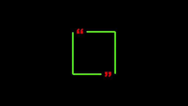 Green outline square quotation mark frame on black background quote speech bubble. Empty square quote frame with quotation marks.