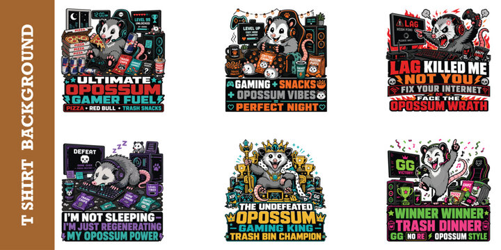 Ultimate opossum gaming vibes set with king of the trash bin and late night snack energy.