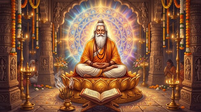 Serene Hindu Saint Meditating in Temple Vector, Ancient Vedic Sage or Rishi in Lotus Position with Glowing Mandala Background, Spiritual Yoga and Meditation Concept