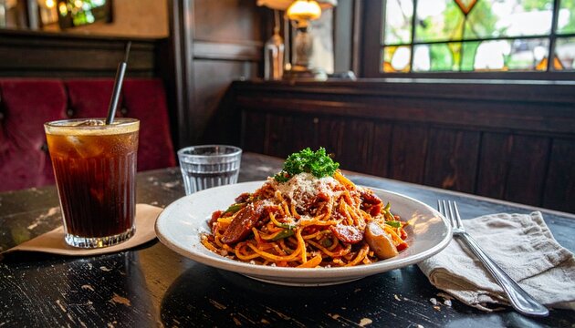 レトロな喫茶店のテーブルに並ぶ具だくさんのナポリタンとアイスコーヒーのシズル感あるフードフォト