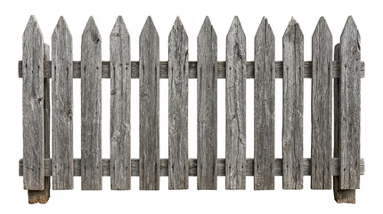 Obraz premium Rustic weathered grey wooden picket fence, isolated on transparent background, garden and home exterior concept