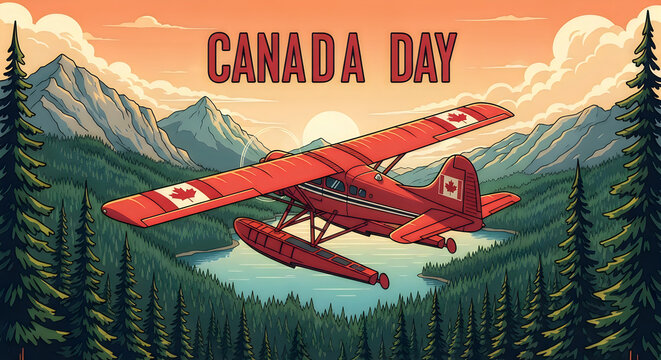 Canada day celebration illustration featuring a red bush plane flying over a scenic canadian landscape with mountains, evergreen forests, and a lake at sunset