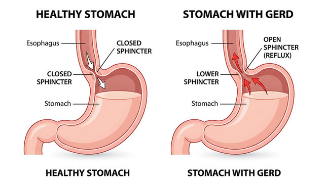 Comparison of a healthy stomach and a stomach with gerd showing