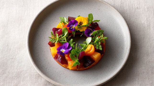A beautifully presented beetroot and mango tart, adorned with edible flowers and fresh greens, sitting on a ceramic plate