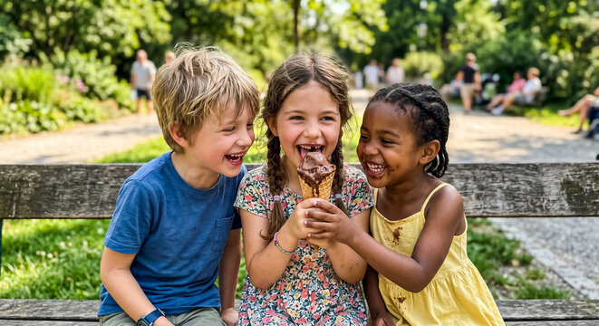 Three children - a boy and two girls of different nationalities - are laughing and eating ice cream on a park bench. A joyful summer atmosphere, the concept of children's friendship, multinational com