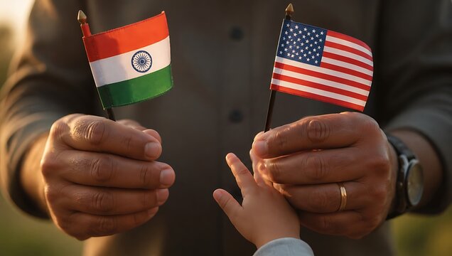 Close up of parent and child holding India and United States flags symbolizing international friendship and cultural connection