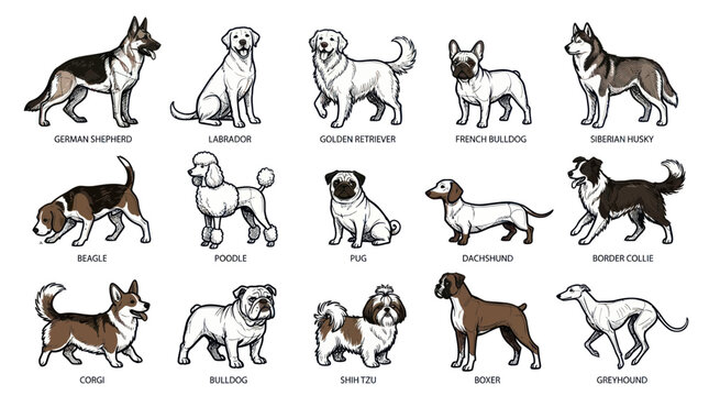 Collection of Dog Breeds, Hand-Drawn Illustrations