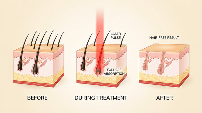 Hair removal process before during and after treatment illustration