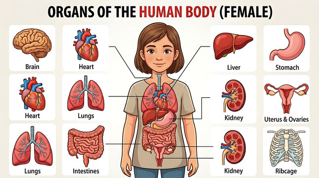 The human female body displays various internal organs in an educational diagram.