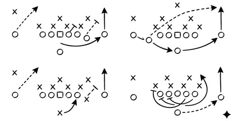 Hand drawn football plays vector illustration featuring soccer game strategy tactics with X and O scheme symbols  and dashed arrows for coach chalkboard design. © maxalamin09