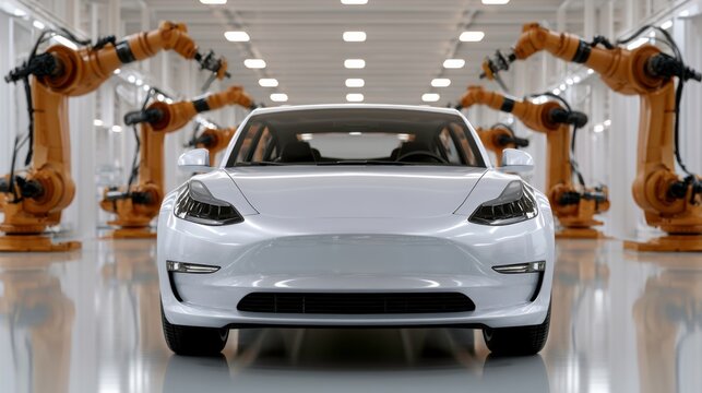 Robotic automation in electric vehicle manufacturing factory production process high-tech environment front view innovation