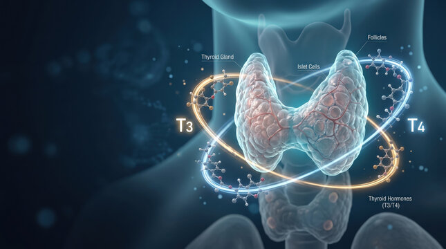 Thyroid hormone t3 hormone t4 hormone endocrine system metabolism concept medical illustration thyroid gland anatomy healthcare science graphic