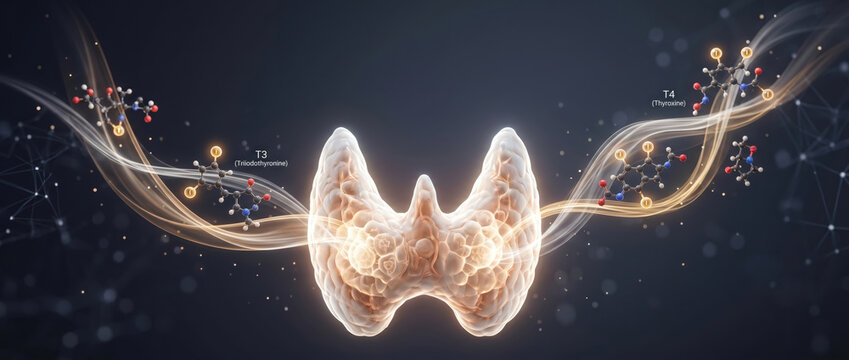 Thyroid hormone t3 hormone t4 hormone endocrine system metabolism concept medical illustration glowing gland anatomy