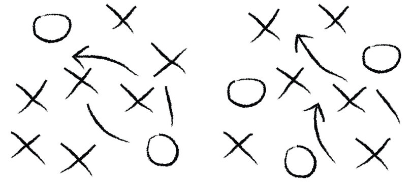 Hand drawn football plays vector illustration featuring soccer game strategy tactics with X and O scheme symbols
 and dashed arrows for coach chalkboard design.