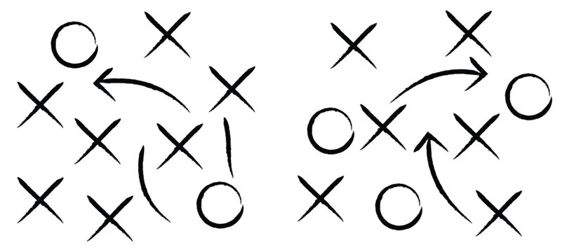 Hand drawn football plays vector illustration featuring soccer game strategy tactics with X and O scheme symbols
 and dashed arrows for coach chalkboard design.