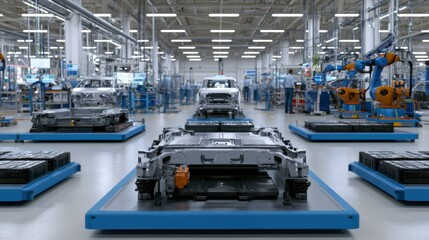 Fototapeta premium Automotive production process manufacturing facility industrial scene high-tech environment wide-angle view innovation in industry