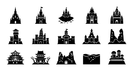 Fantasy Castle Icons, Royal Palace Silhouettes, Medieval Fortress Graphics, Fairytale Kingdom Vector Set © Sumaiya