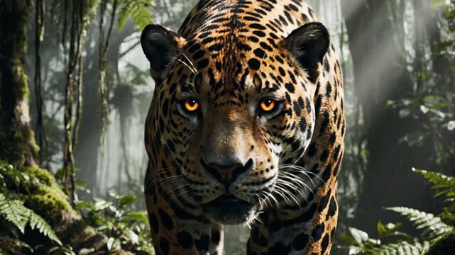 Adult jaguar prowling through a foggy jungle environment with sunbeams piercing the canopy, showing the animal's intense gaze and detailed rosette patterns on its golden spotted fur.