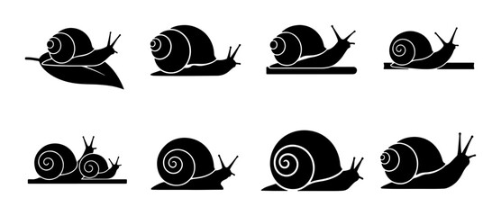 Snail Icons Set, Black Silhouette Vector Graphics, Gastropod Movement Illustrations, Nature and Slow Pace Symbolism, Simple Minimalist Design © Sumaiya