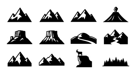 Mountain Icons Set, Diverse Peaks and Landscapes Vector Collection, Nature and Adventure Graphics, Black and White Silhouette Graphics for Outdoor Themes © Sumaiya