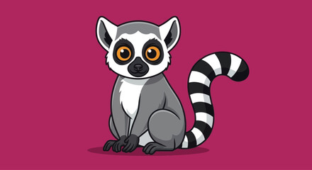 Cute cartoon ring-tailed lemur sitting, graphic element on pink background © NYN_ART