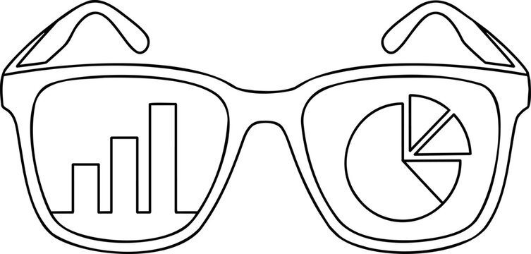 Black and white continuous line art of spectacles with rising bar chart and pie chart inside lenses, hollow vector illustration.