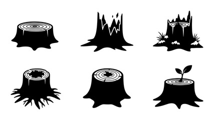 Tree Stump Icons Set, Forest Remnants Vector Graphics, Woodland Base Silhouettes, Nature Elements Collection © Jubayer