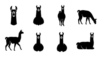 Llama Icons Set, Silhouette Vector Graphics of South American Camelids in Various Poses, Farm Animals and Wildlife Collection © Shaila