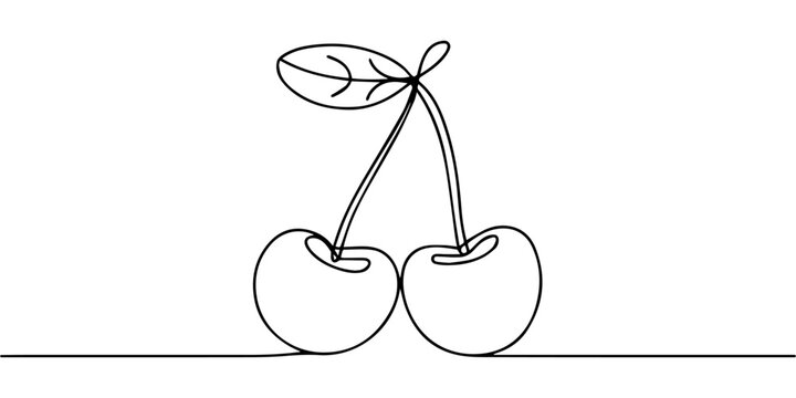 two cherries  continuous one line drawing, One continuous line drawing of two cherries with a leaf, single line art drawing of fruit, Two cherries with leaf continuous line vector drawing. Minimal one