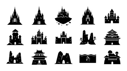 Fantasy Castle Icons, Medieval Fortress Silhouettes, Royal Palace Vector Graphics, Mythical Architecture Set © Imran