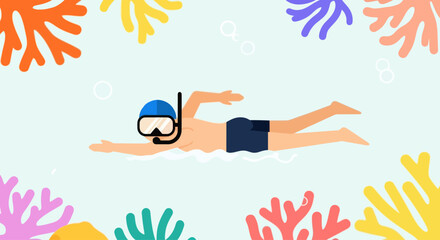 Cartoon diver swims in colorful coral reef with bubbles, flat design graphic element © enla99