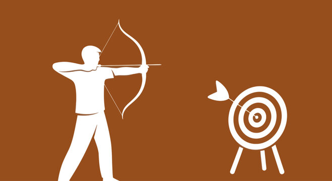 Archer aiming at target, minimalist vector illustration on brown background
