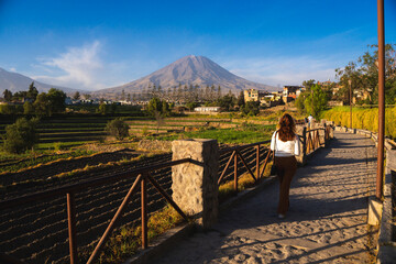 Panoramic sunset view of Misti volcano behind ancient agricultural terraces in Paucarpata, Arequipa, Peru © Helard