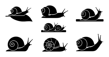 Snail Icons Set, Mollusk Silhouettes, Gastropod Vector Graphics, Slow Movement Symbols, Nature Wildlife Collection © Sumaiya