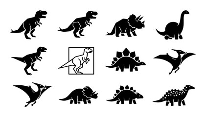 Dinosaur Icons Set, Prehistoric Reptile Silhouettes, Jurassic Era Vector Graphics, Ancient Creature Collection for Kids and Education © Sumaiya