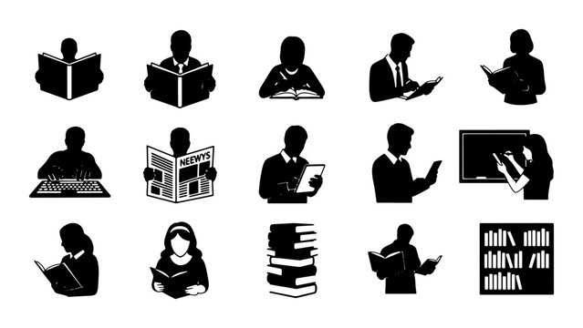 Reading Icons Set, Silhouette Figures Engaged in Literacy, Education, and Knowledge Acquisition, Vector Graphics for Learning and Information Concepts