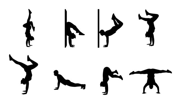 Breakdancing Silhouette Poses, 8 Dynamic Figures, Urban Dance Moves, Athletic Acrobatics, Graphic Vector Set